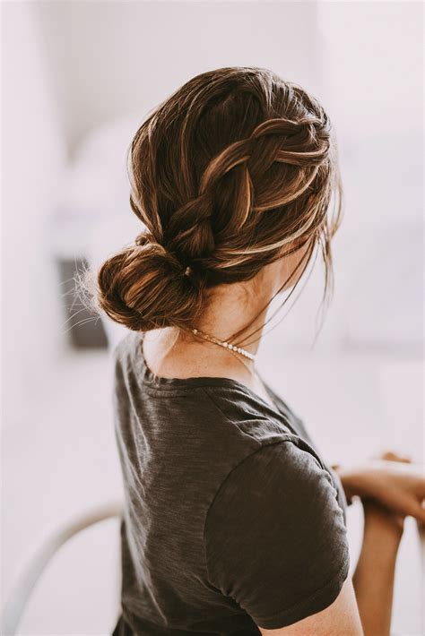 messy braid styles|brunette messy bun.